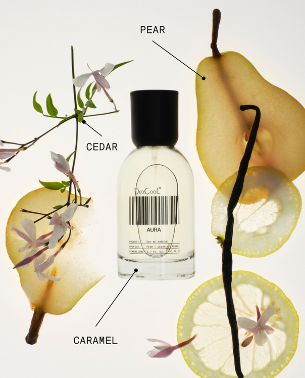 Perfume bottle labeled with floral, pear, cedar, caramel, and vanilla elements on a white background