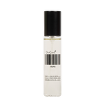 A clear cylindrical perfume bottle with a black cap, containing a very pale liquid. The bottle has a white label with a barcode and the text 'DedCoolt' and 'AURA'.