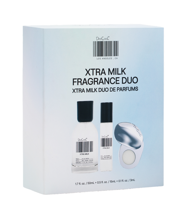 DedCool Xtra Milk Fragrance Duo retail box on a white background, showing the box front with product bottles and a free gift badge.