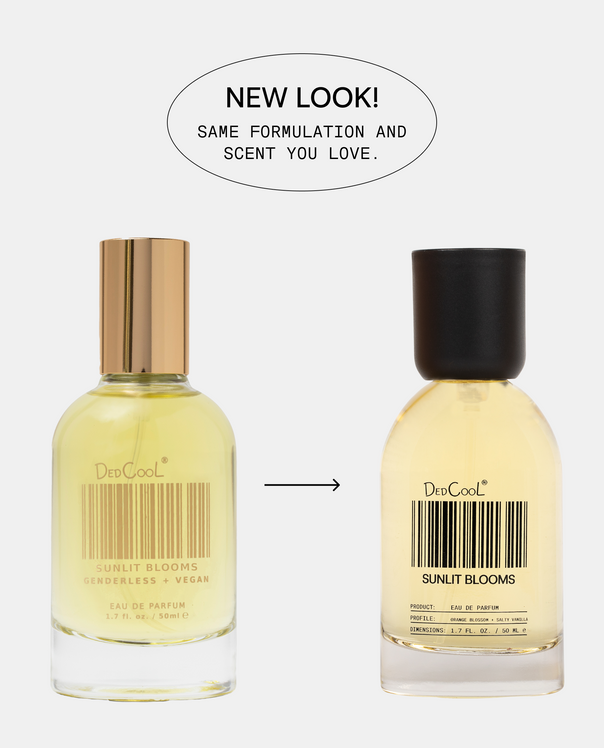 Two bottles of DedCool Sunit Blooms fragrance shown side by side on a light gray background, with a black cap on the right bottle and a gold cap on the left bottle. A white oval at the top reads 'NEW LOOK! SAME FORMULATION AND SCENT YOU LOVE.