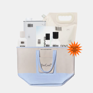 A DodoCool tote bag in beige and light blue, shown filled with various personal care products including a canister, a bottle, and a pouch, on a light gray background with an orange starburst sticker.