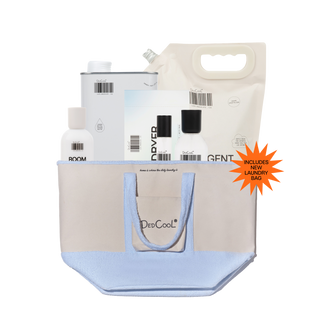 A DedCool travel toiletry bag set in light blue and beige, shown filled with travel-sized toiletries including a white bottle, a white tin, a white pouch, and a folded paper towel. An orange starburst sticker on the right reads 'INCLUDES NEWLY DESIGNED BAG'.