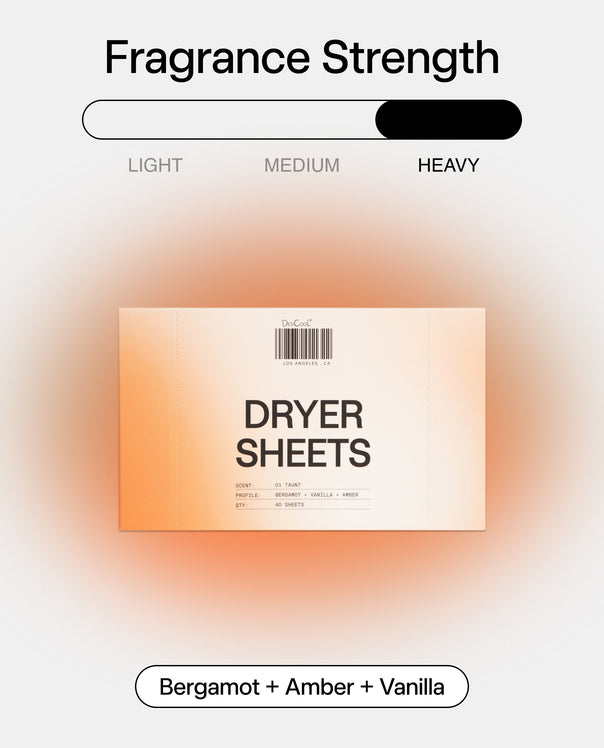 A product graphic for dryer sheets showing a box labeled 'DRYER SHEETS' with a fragrance strength slider above it and the scent notes 'Bergamot + Amber + Vanilla' below. The background is light gray with a soft orange glow around the product box.
